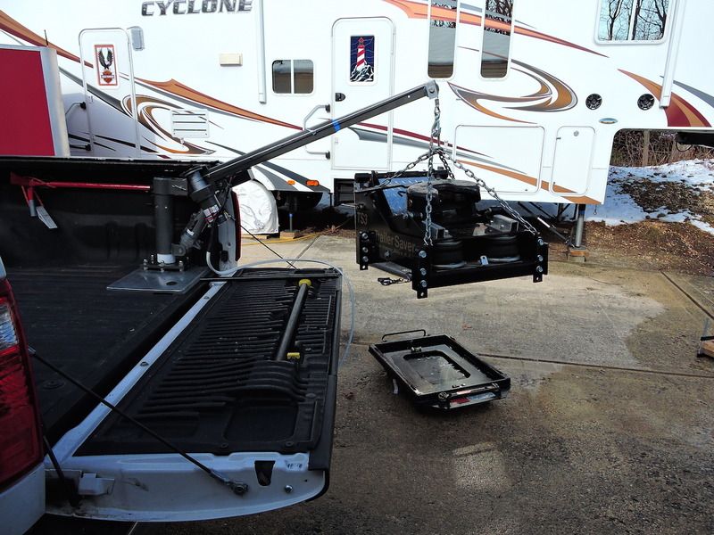 Truck bed mounted hoist for hitch removal hydraulic crane winch etc